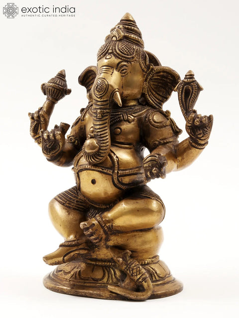 8" Four Hands Seated Ganesha Brass Statue | Gajanana Idol