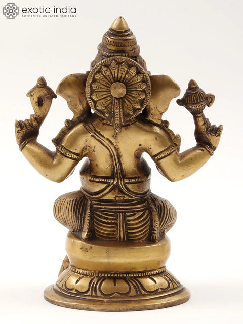 8" Four Hands Seated Ganesha Brass Statue | Gajanana Idol
