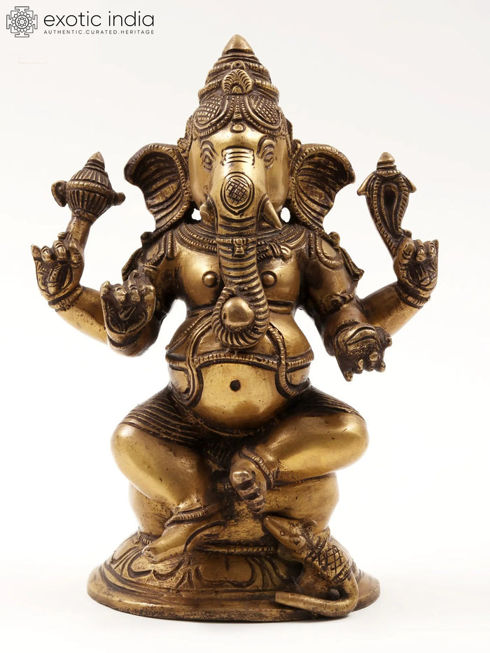 8" Four Hands Seated Ganesha Brass Statue for Home Pooja
