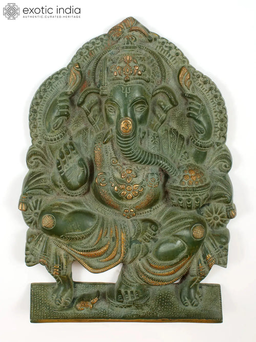 11" Blessing Lord Ganesha Brass Idol Seated on Throne