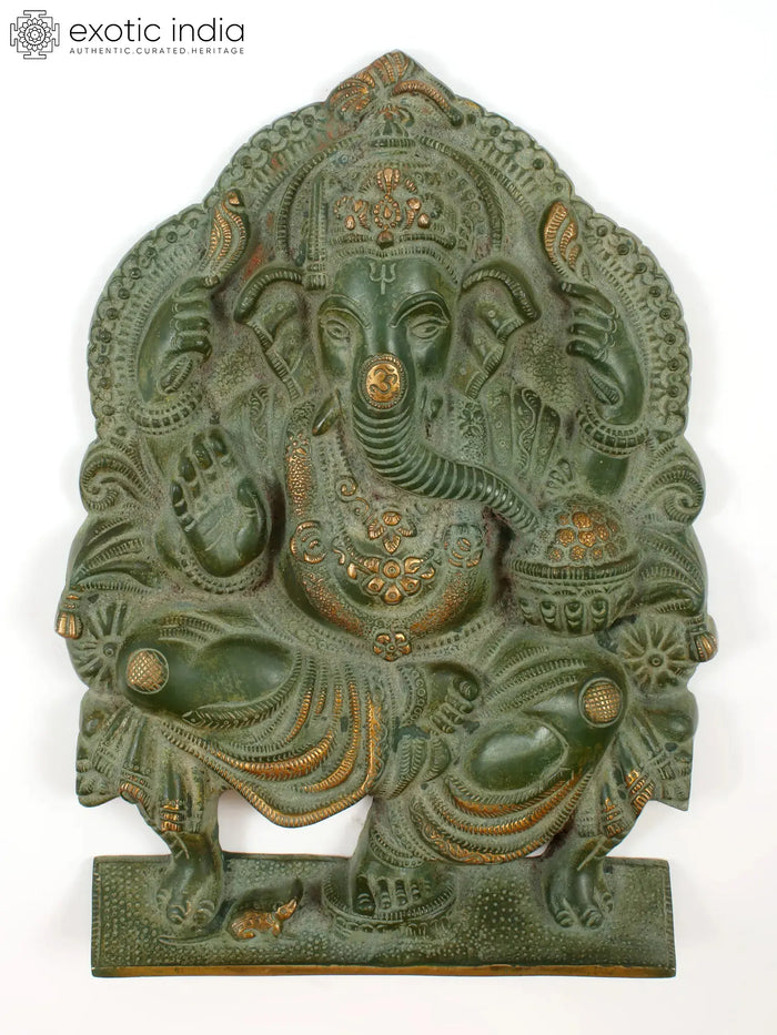 11" Blessing Lord Ganesha Brass Idol Seated on Throne