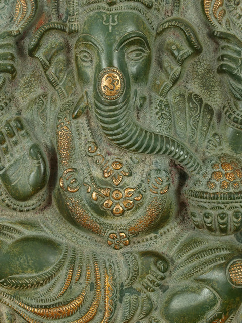 11" Blessing Lord Ganesha Brass Idol Seated on Throne | Wall Hanging