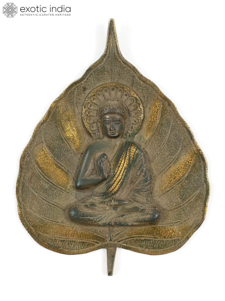8" Gautama Buddha on Paan Leaf Brass Wall Hanging Idol