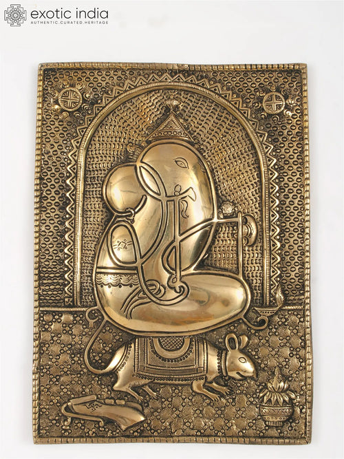 11" Brass Ganesha on Mushak Wall Hanging Idol for Home Decor