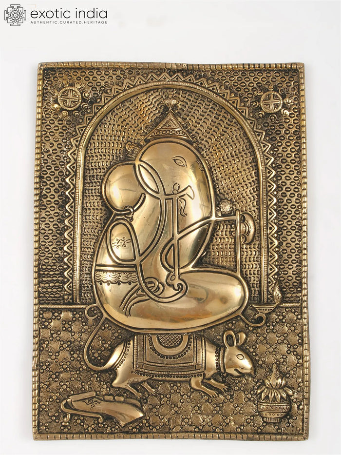 11" Brass Ganesha on Mushak Wall Hanging Idol for Home Decor