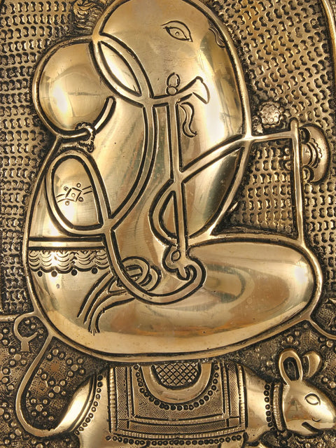 11" Brass Stylized Wall Hanging Ganesha Idol on Mushak Sawari