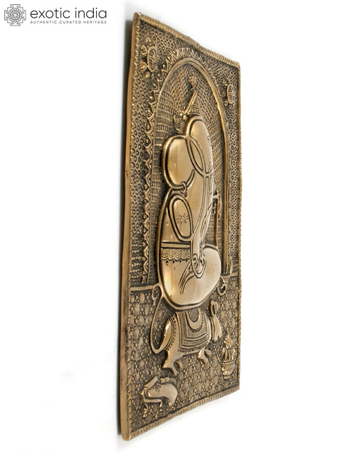 11" Brass Stylized Wall Hanging Ganesha Idol on Mushak Sawari