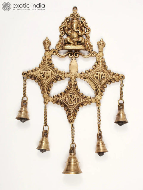 15" Brass Lord Ganesha Wall Hanging with Bells