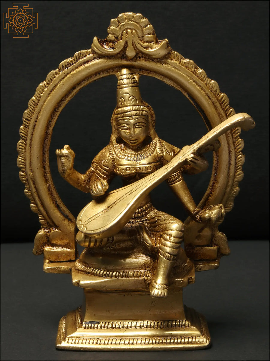 4" Sitting Devi Saraswati Brass Idol with Arch