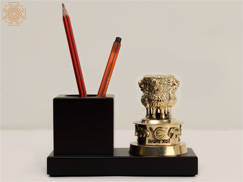 5" Ashok Stambh Wooden Pen Stand Handmade Brass Idol