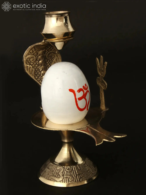 White Stone Shivling with Brass Abhishek Patra Handmade Statue