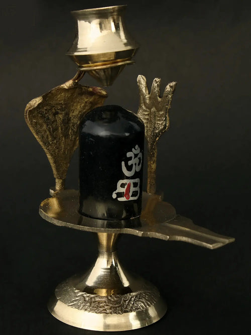 Black Stone Shiva Linga with Brass Trishul and Nag Idol