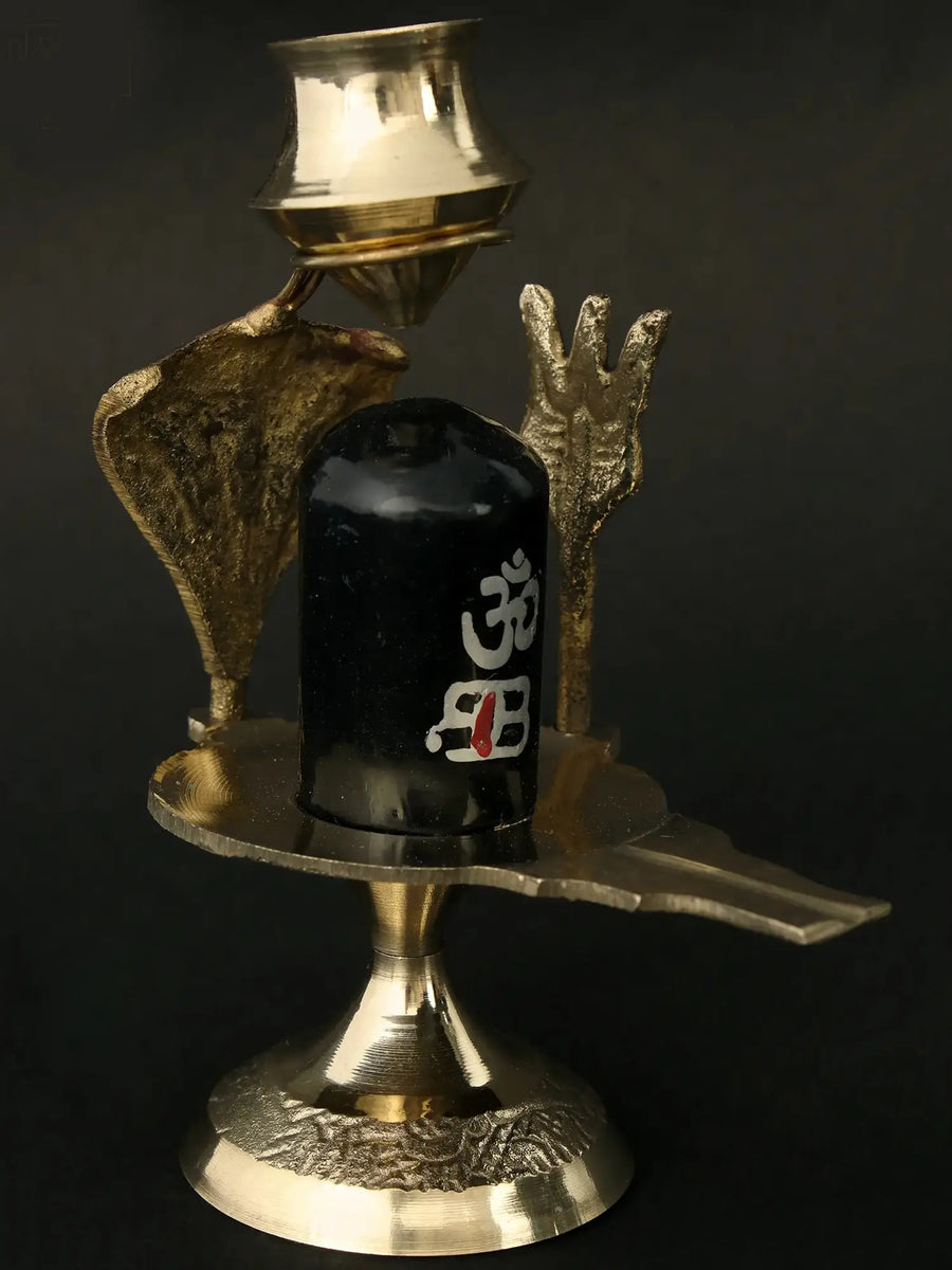 Black Stone Shiva Linga with Brass Trishul and Nag Idol