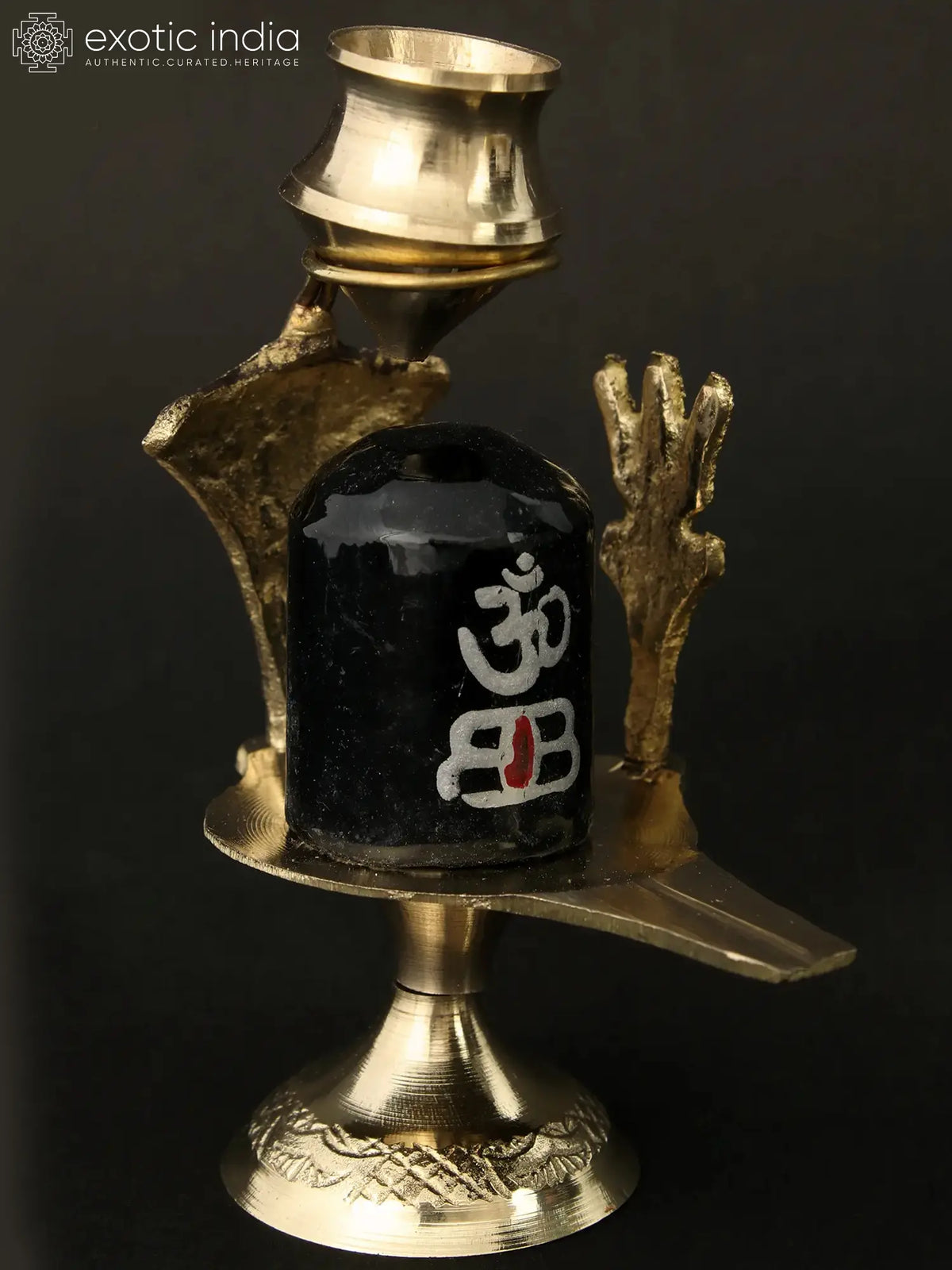 4" Small Black Stone Shiva Linga with Brass Trishul Nag and Patra