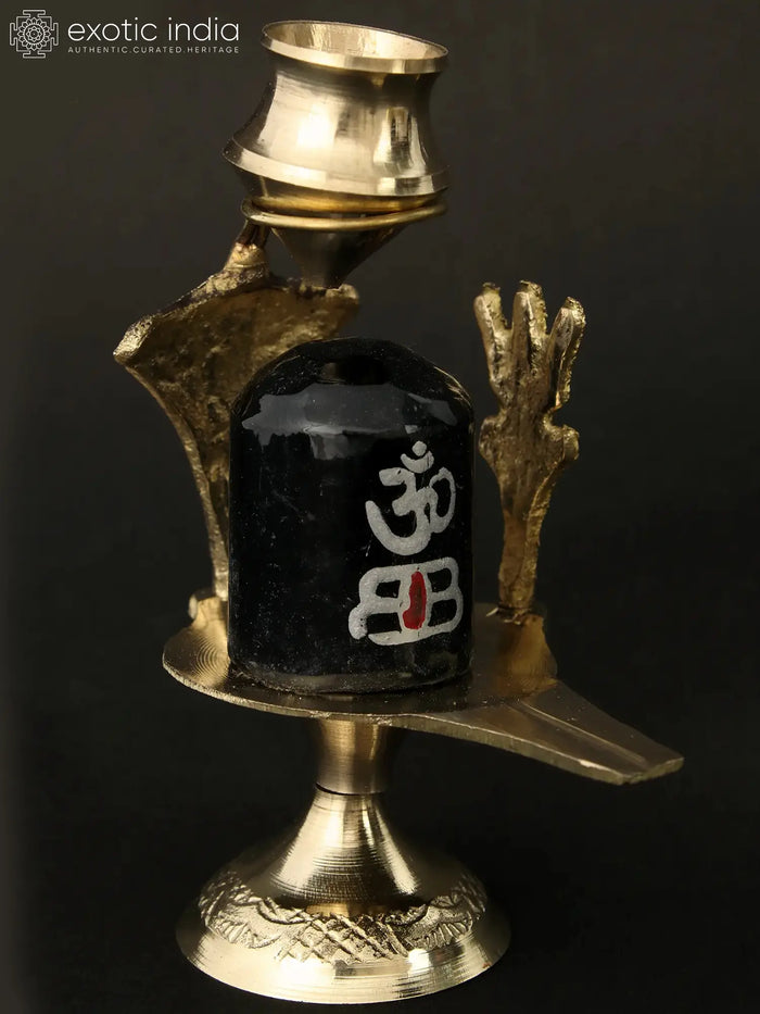 4" Small Black Stone Shiva Linga with Brass Trishul Nag and Patra