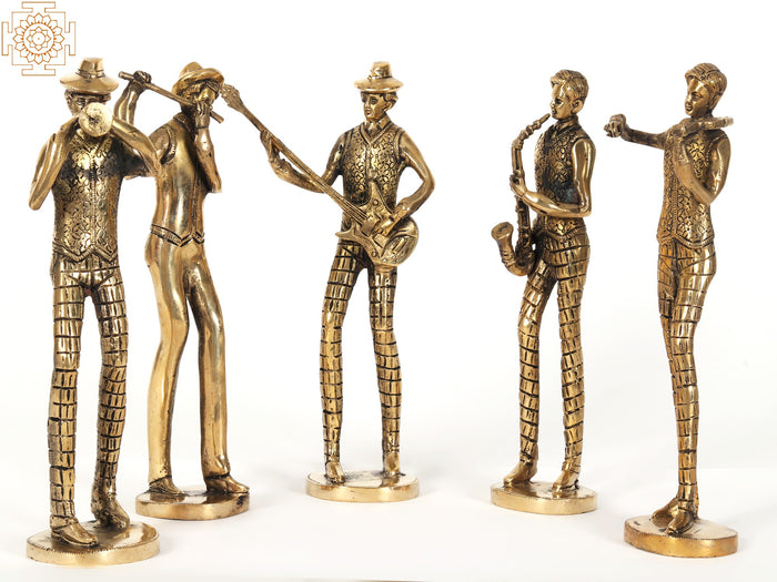 11" Five Musicians Brass Statue Set with Instruments