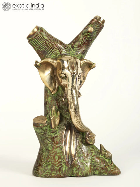 12" God Ganesha Carved In Tree | Brass Statue