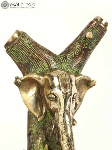 12" God Ganesha Carved In Tree | Brass Statue