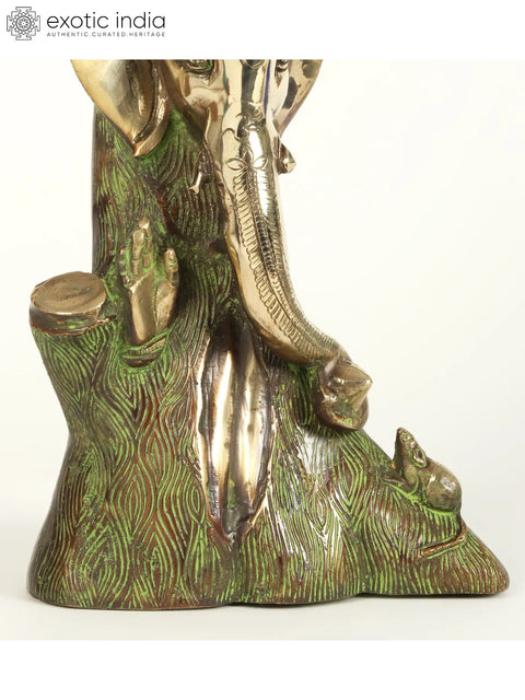12" God Ganesha Carved In Tree | Brass Statue
