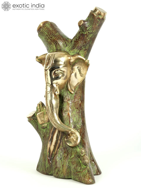 12" God Ganesha Carved In Tree | Brass Statue