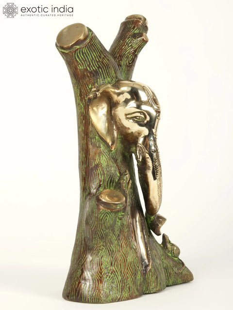12" God Ganesha Carved In Tree | Brass Statue