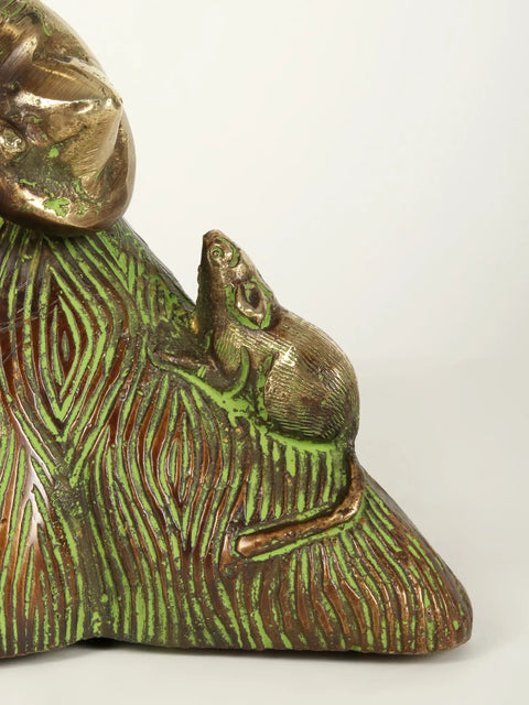 12" God Ganesha Carved In Tree | Brass Statue