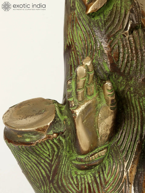 12" God Ganesha Carved In Tree | Brass Statue