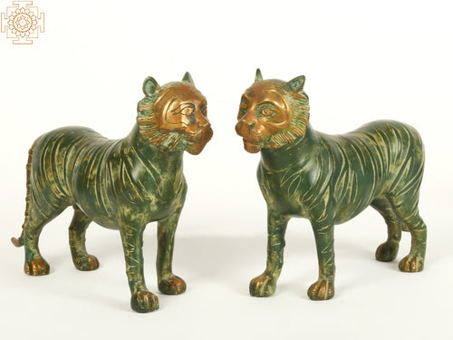 9" Brass Tiger Pair Statue for Home Decor