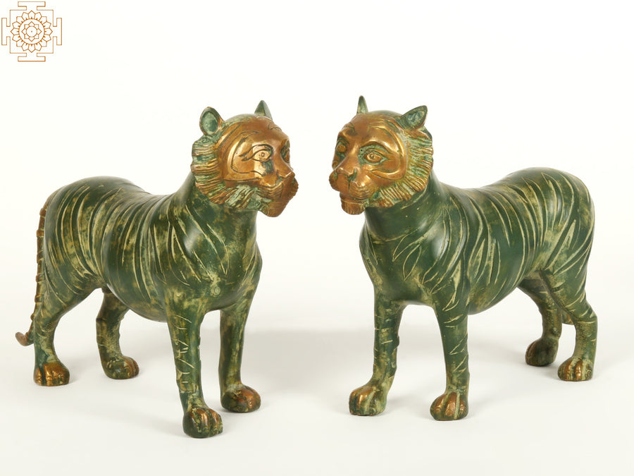 9" Brass Tiger Pair Statue for Home Decor