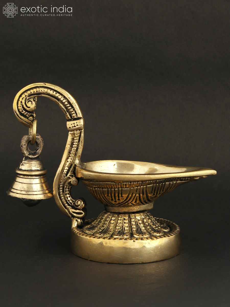 5" Brass Handheld Ritual Lamp with Bell for Pooja