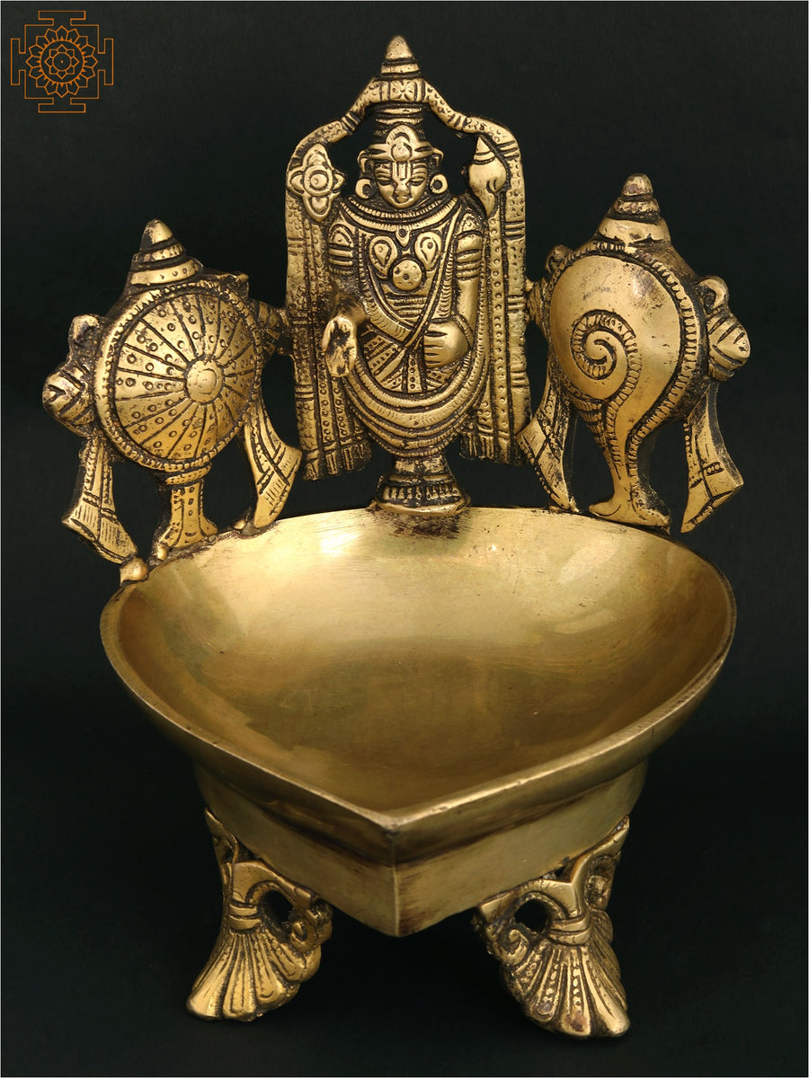 7" Brass Tirupati Balaji Oil Lamp with Shankha Chakra for Pooja