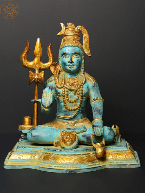 10" Sitting Lord Shiva Brass Statue with Blessing Gesture
