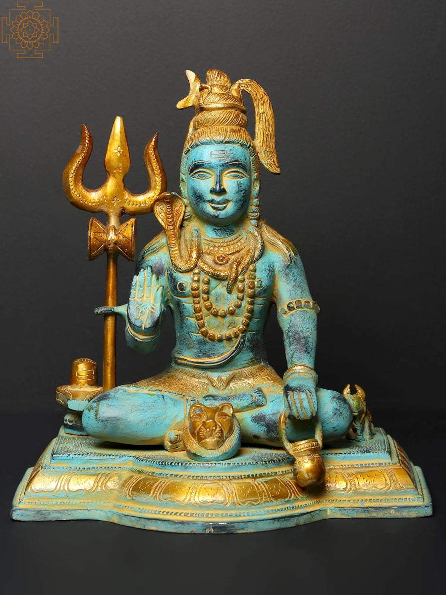 10" Sitting Lord Shiva Brass Statue with Blessing Gesture