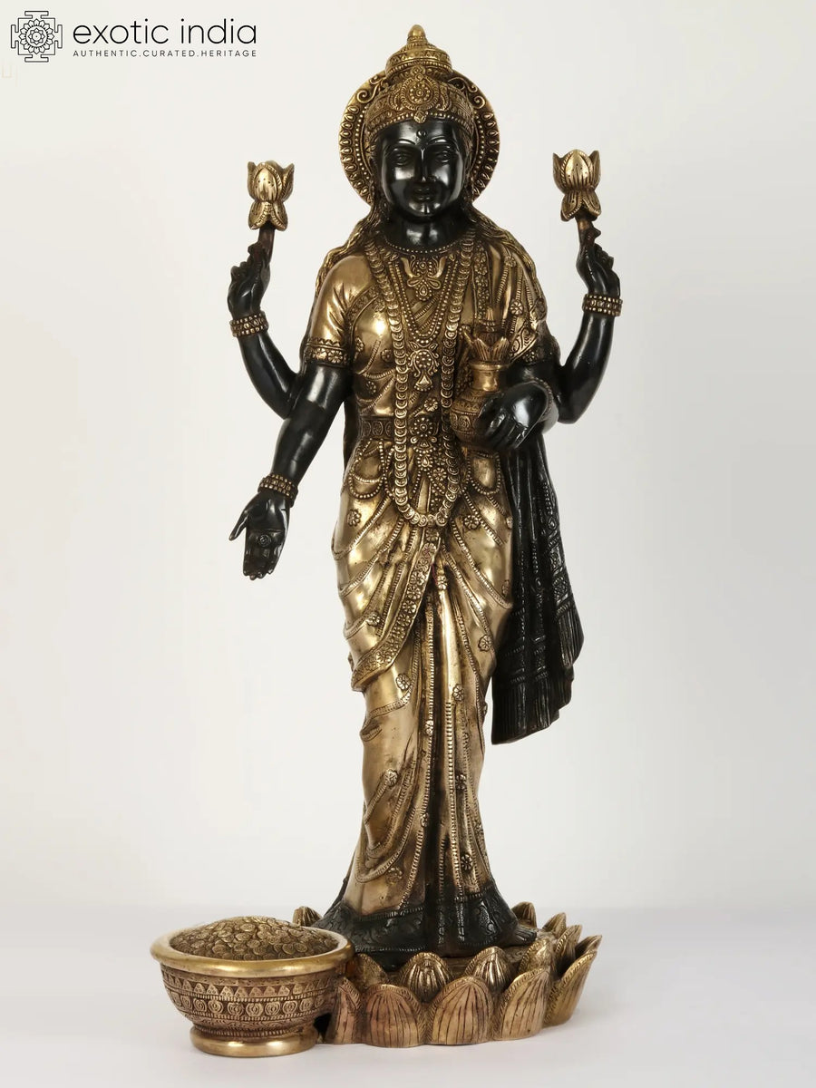 24" Dhana Lakshmi Brass Statue Black and Golden Handmade