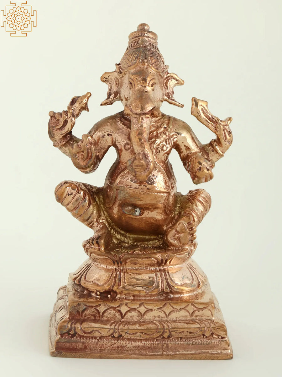 3" Small Sitting Chaturbhuja Ganesha Handmade Brass Idol