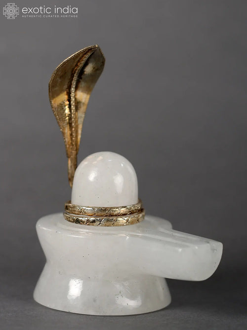 3" White Quartz Shivling with Snake Head Brass Statue
