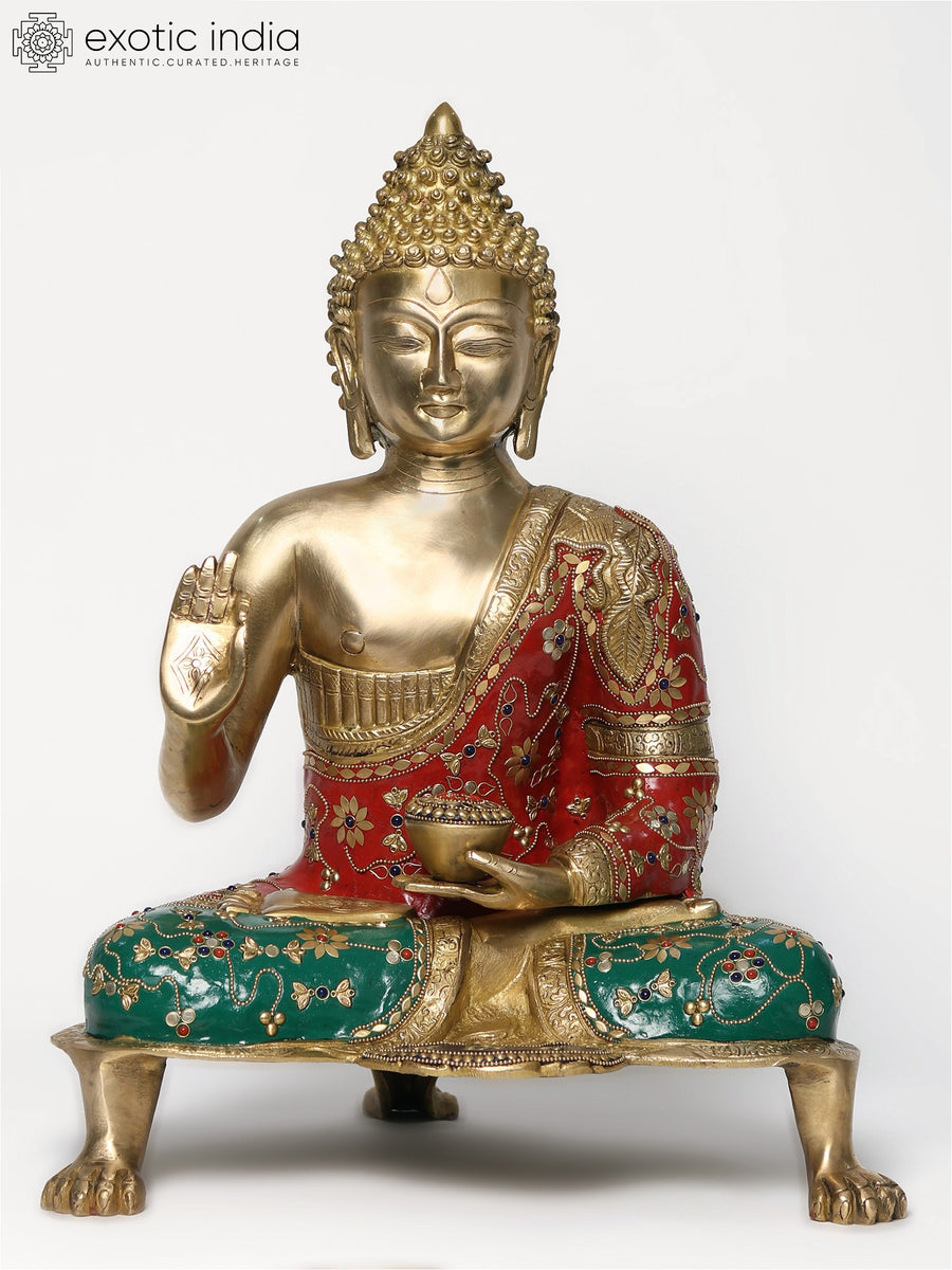 19" Medicine Buddha Brass Idol with Healing Herbs Bowl