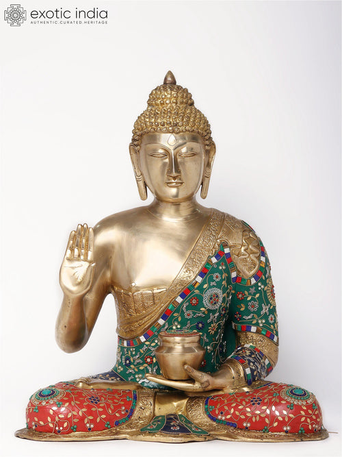 23" Lord Buddha Seated Brass Idol with Medicine Bowl