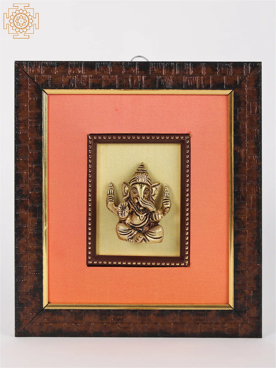 9" Brass Chaturbhuja Ganesha Wall Hanging with Wooden Frame