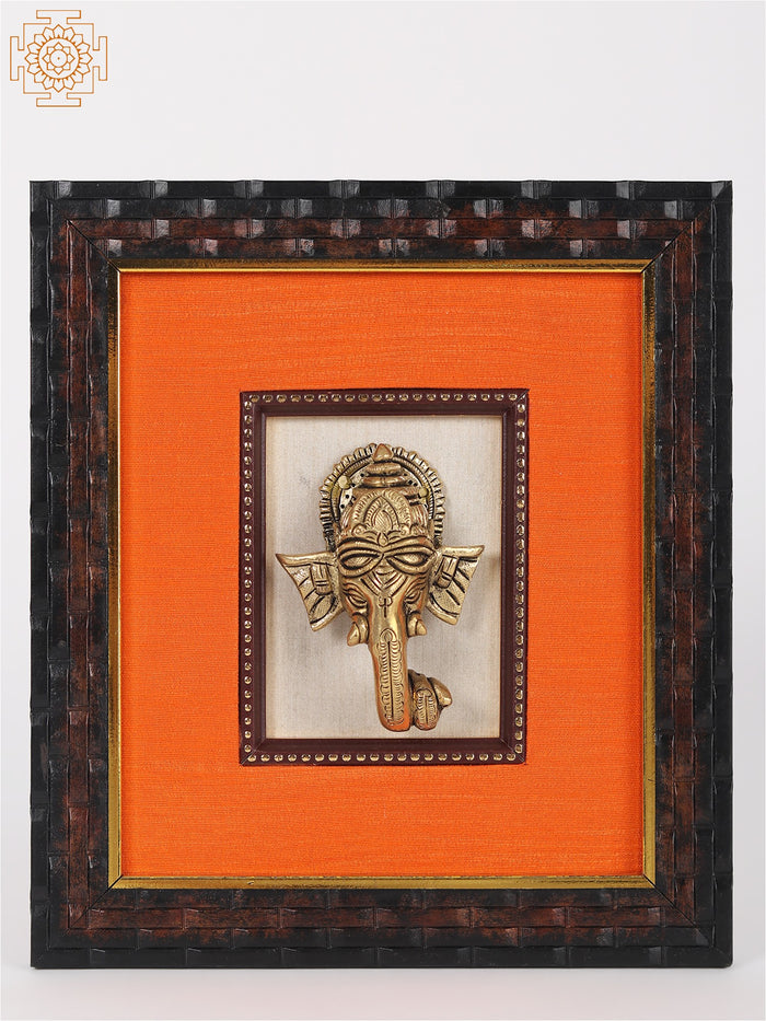 9" Brass Lord Ganapati Face Wall Hanging with Wooden Frame