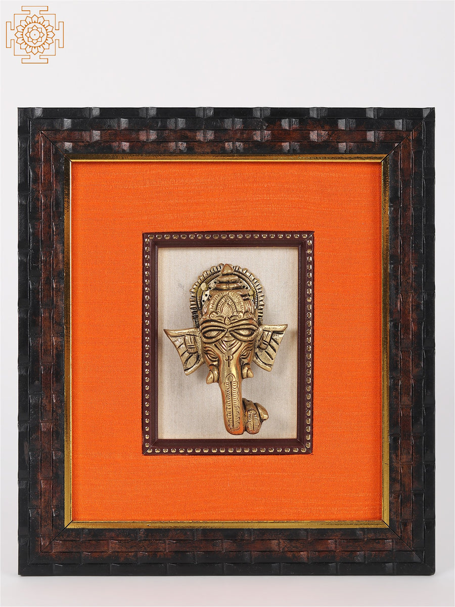 9" Brass Lord Ganapati Face Wall Hanging with Wooden Frame