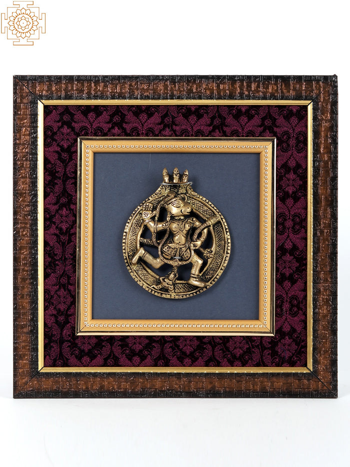 11" Lord Hanuman Brass Statue with Wooden Frame Wall Hanging
