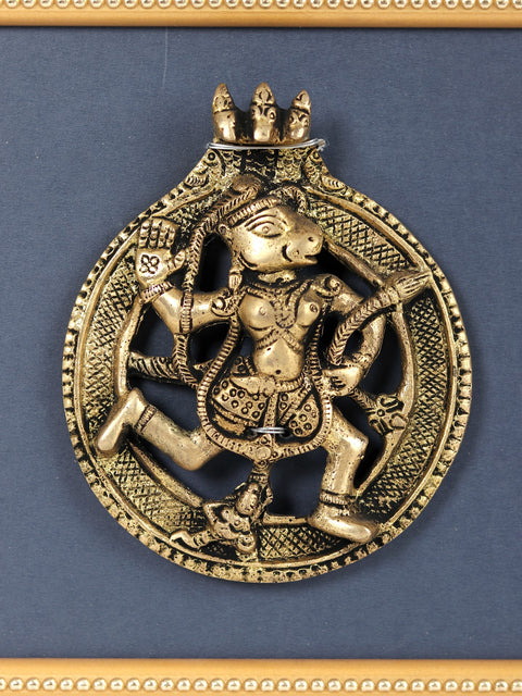 11" Wooden Framed Wall Hanging Lord Hanuman in Brass