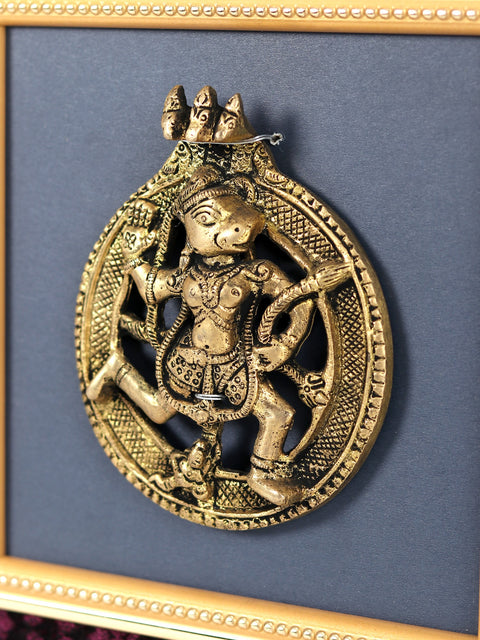 11" Wooden Framed Wall Hanging Lord Hanuman in Brass