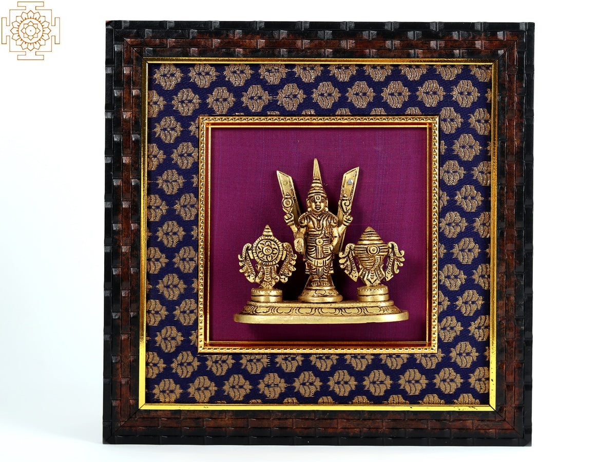 10" Tirupati Balaji Vaishnava Symbols Brass Wood Wall Hanging