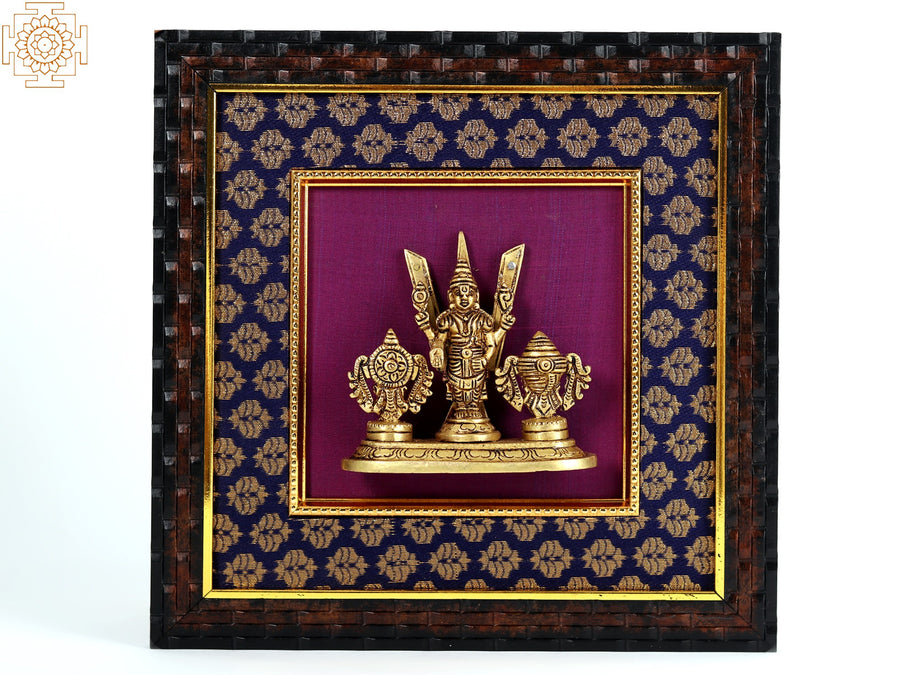 10" Tirupati Balaji Vaishnava Symbols Brass Wood Wall Hanging