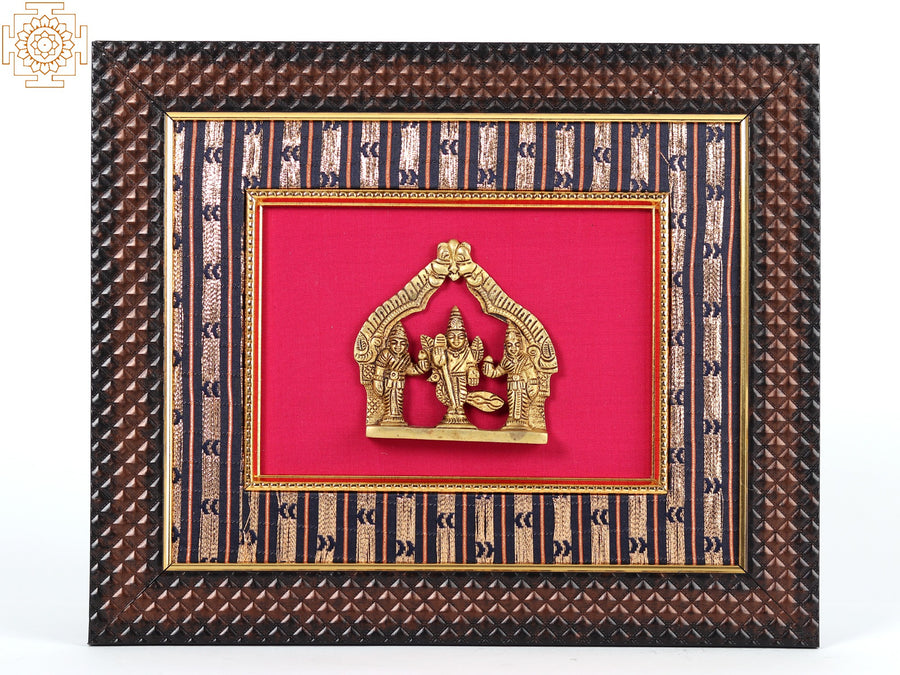 13" Brass Lord Karttikeya with Devasena and Valli Wooden Framed Wall Hanging
