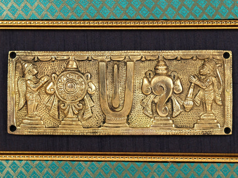 14" Vaishnava Symbols with Garuda and Hanuman | Wood and Brass Wall Hanging Frame