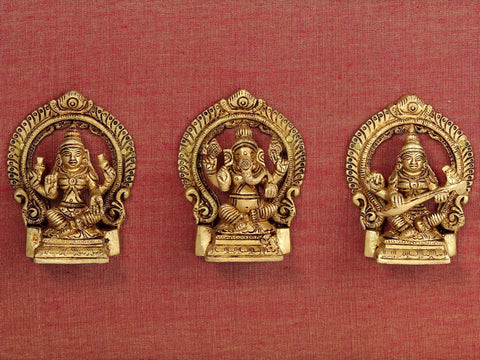 13" Brass Lakshmi Ganesh Saraswati Statue With Frame