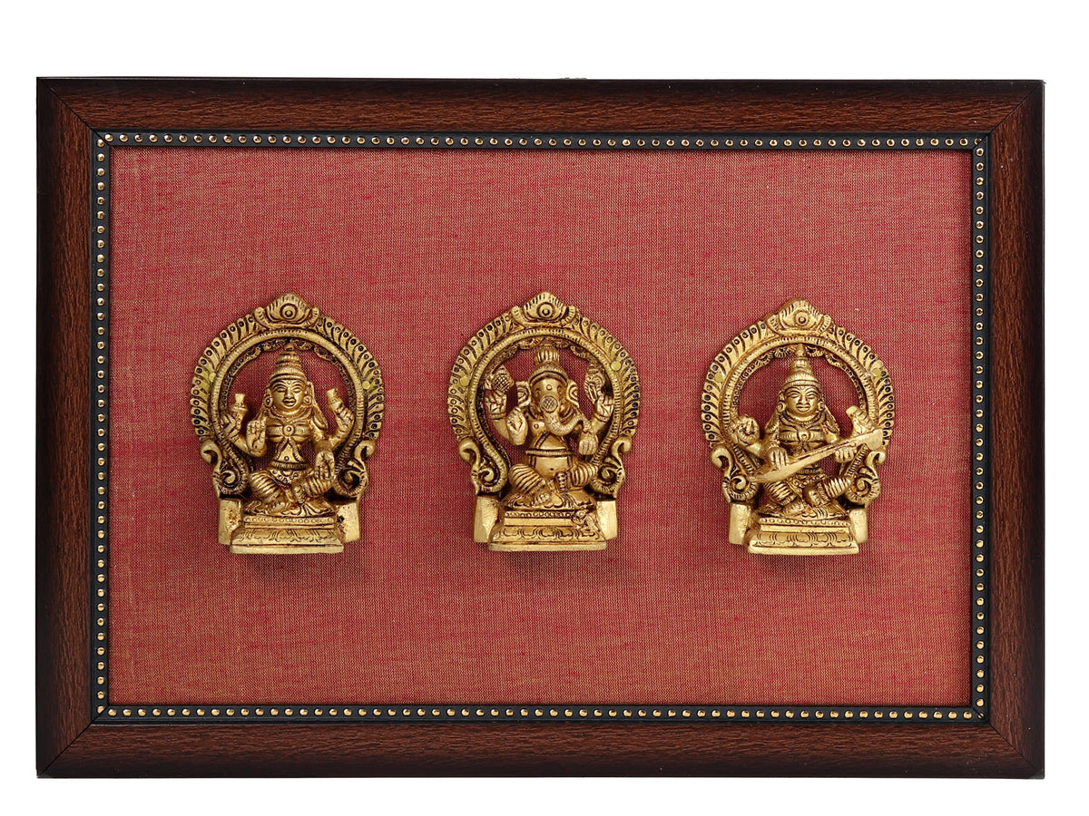 13" Brass Lakshmi Ganesh Saraswati Statue with Frame for Pooja
